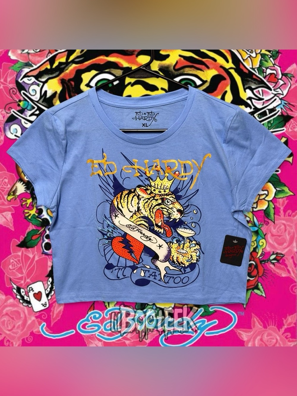 Ed Hardy XL Powder Blue Rhinestone Tiger Crown Tattoo Crop Top T-Shirt NwT Y2K